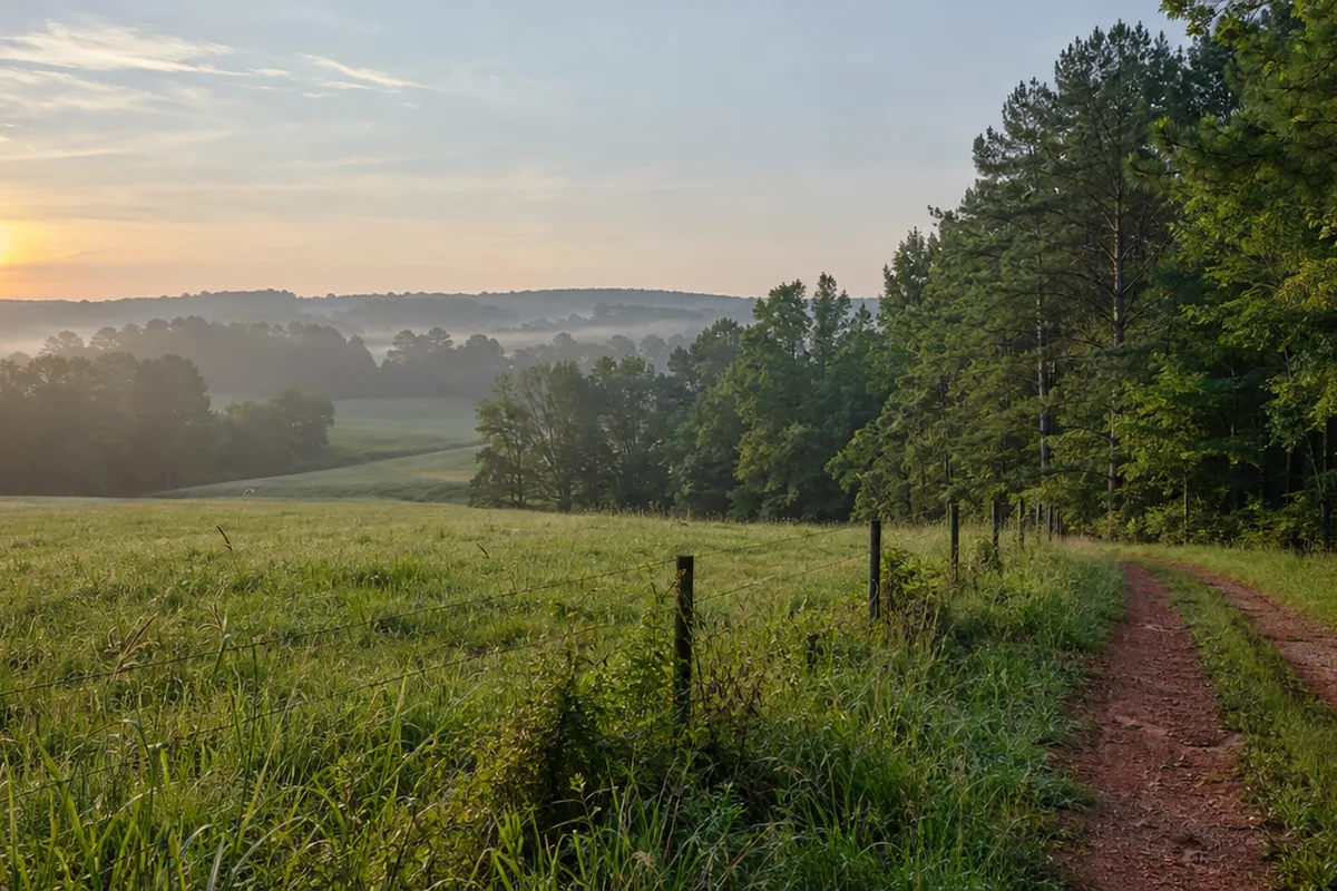 AI-generated scene of rolling Georgia pasture meeting a pine and hardwood tree line, like the land around Bethlehem