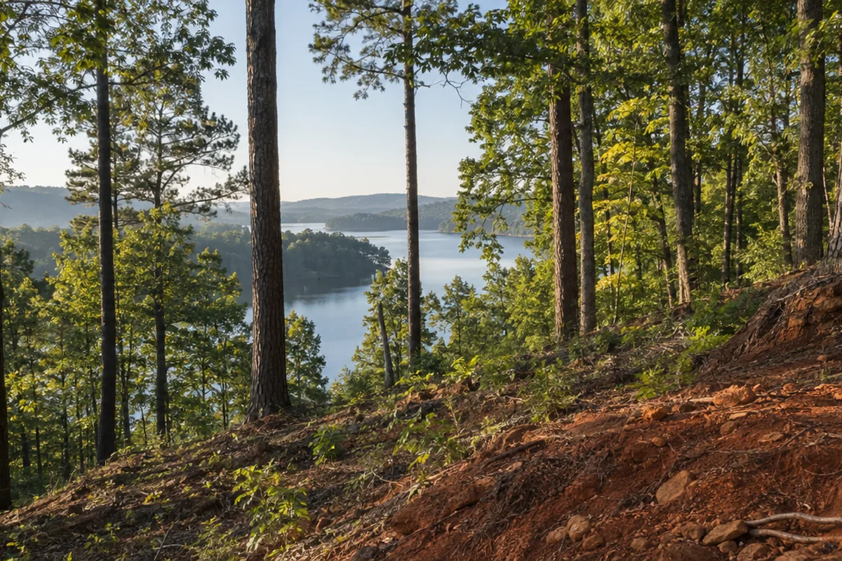 AI-generated scene of a hilly pine slope with a lake glimpse through the trees, like the Lake Lanier side of Gainesville