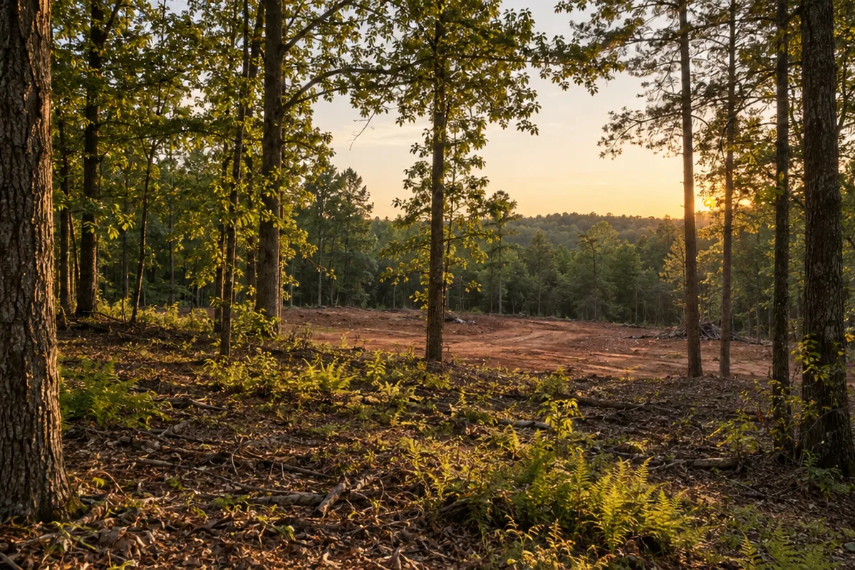 AI-generated scene of a large wooded lot with mature hardwoods and a red clay clearing, like Oconee County near Watkinsville